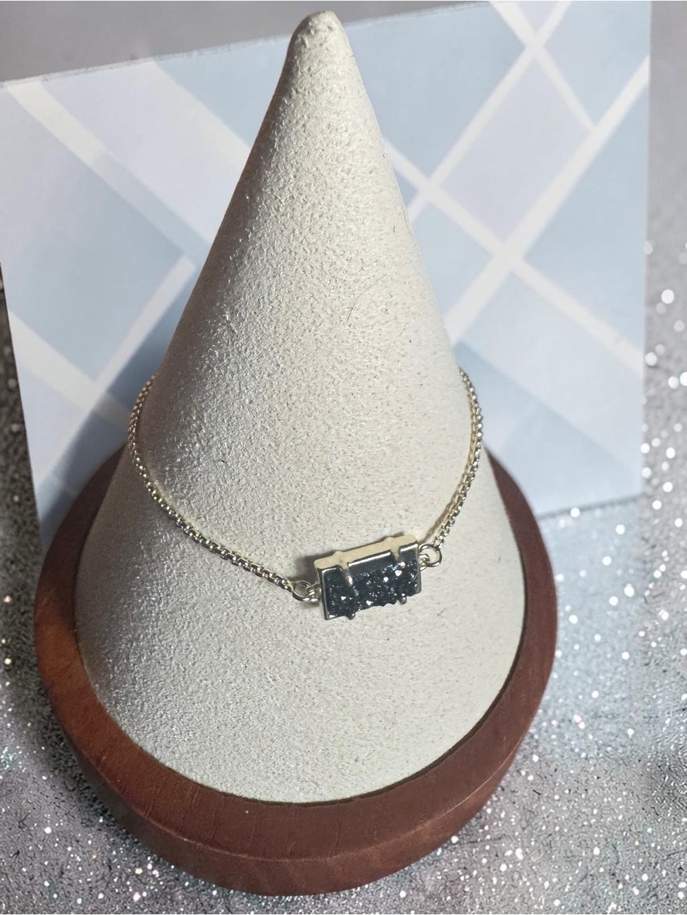Kendra Scott Silver Adjustable Bracelet with Black Druzy Bar. NWT